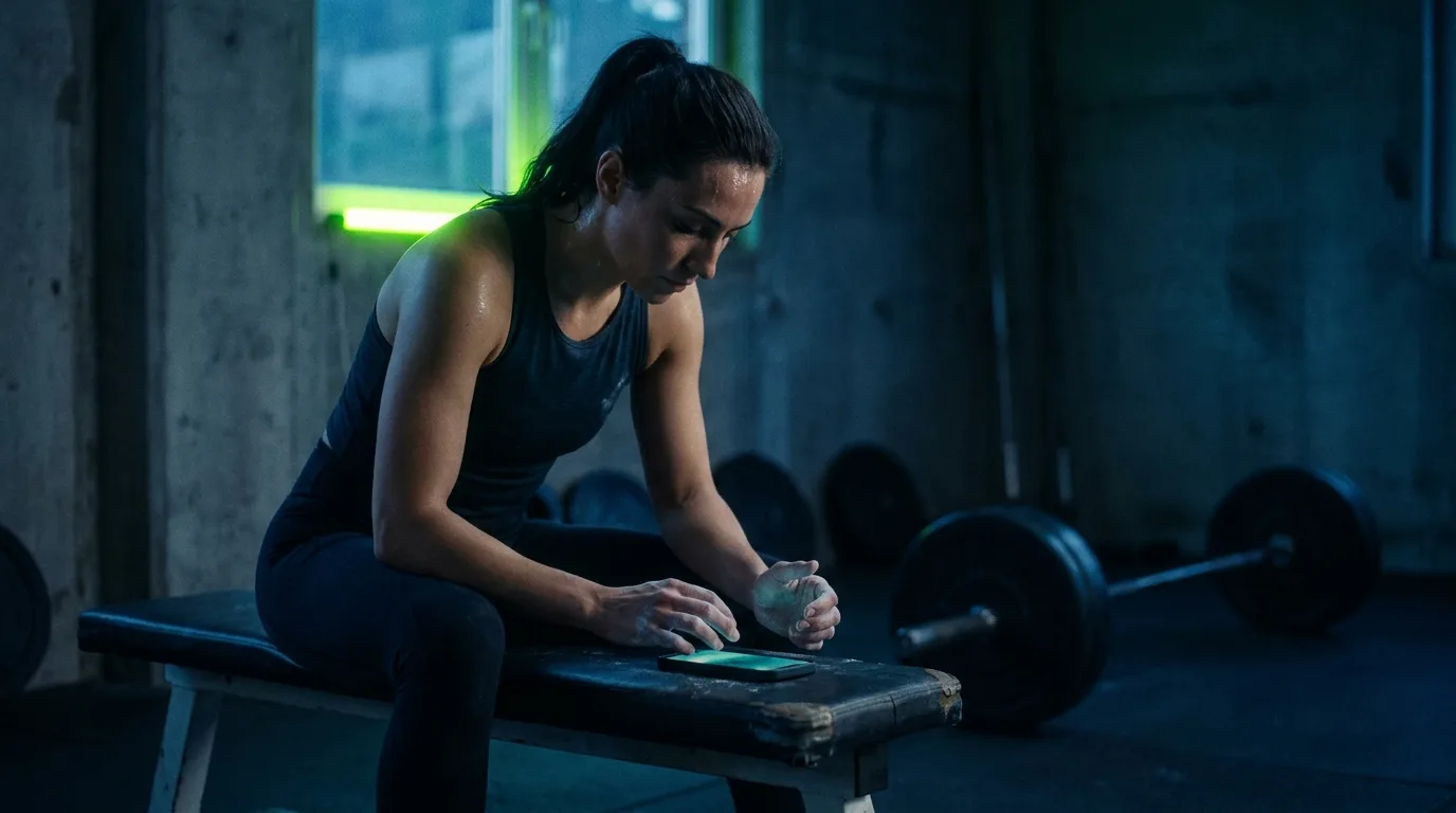 Athlete checking her training data on her phone between sets