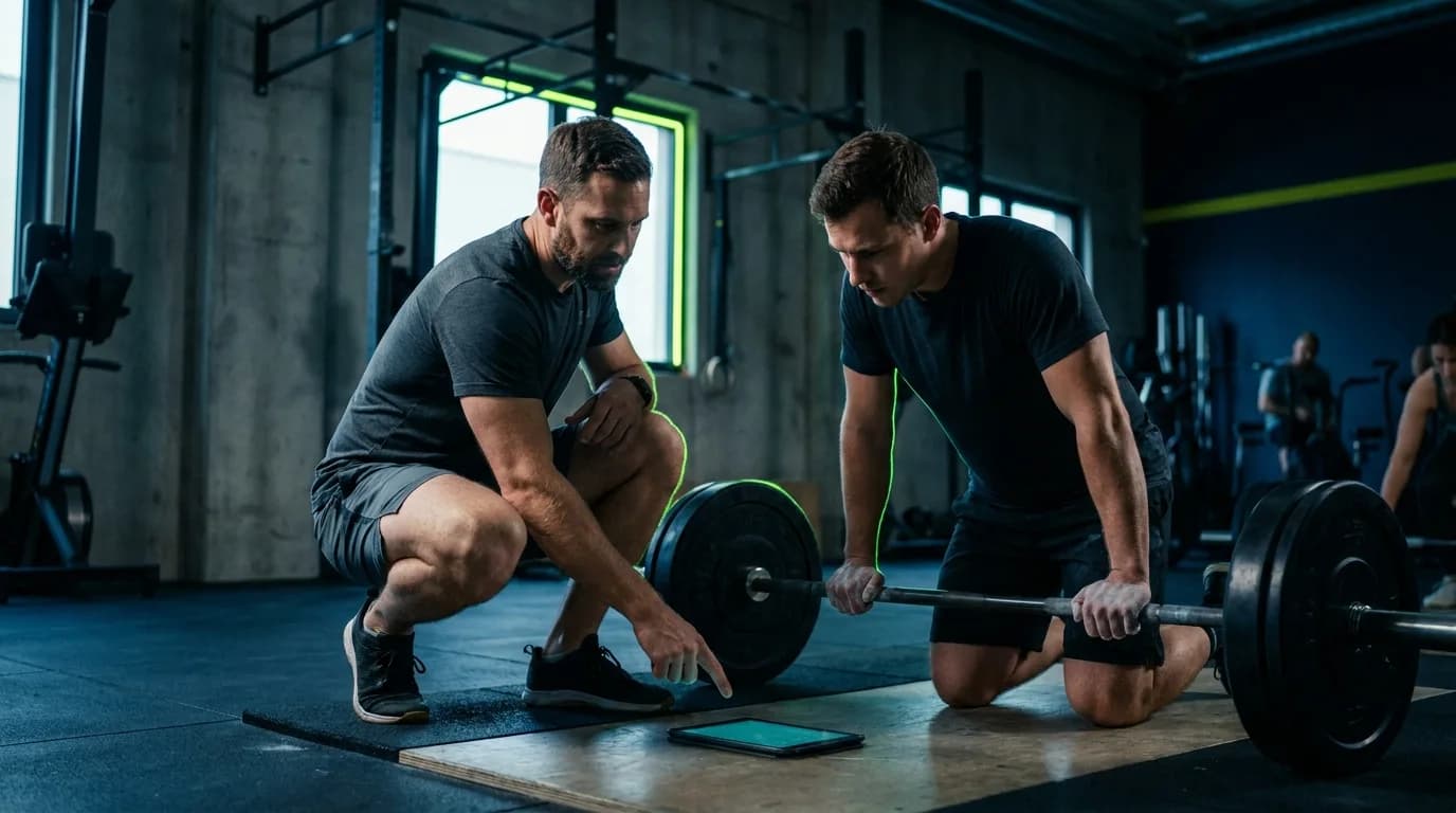 Coach and client reviewing a lift on a tablet on the gym floor