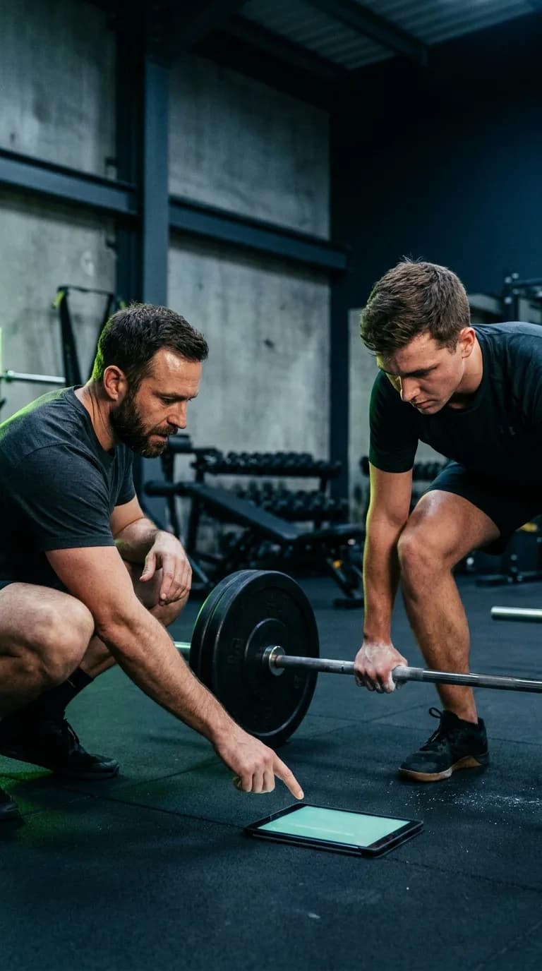 Coach crouched beside a client mid-deadlift setup, reviewing form on a tablet