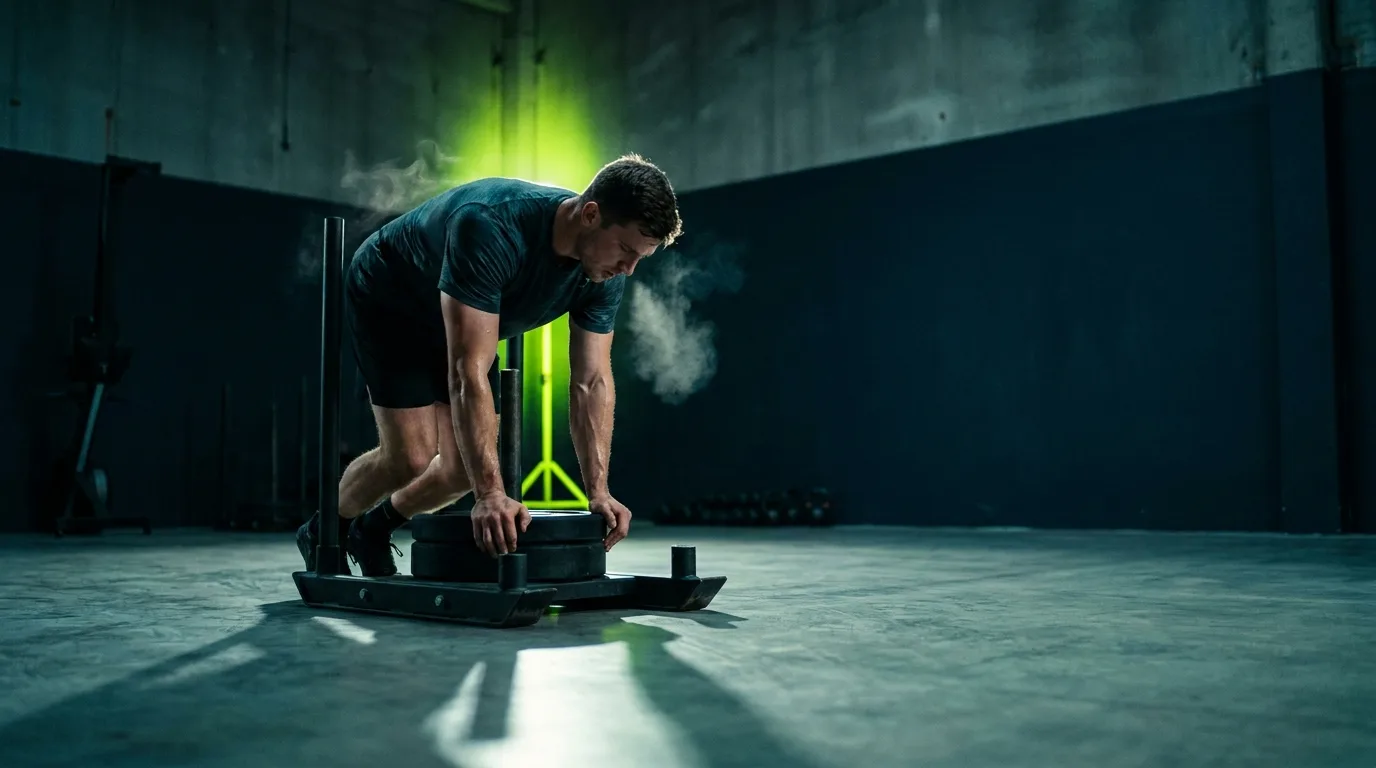 Sprinter decelerating at the end of a sled push lane