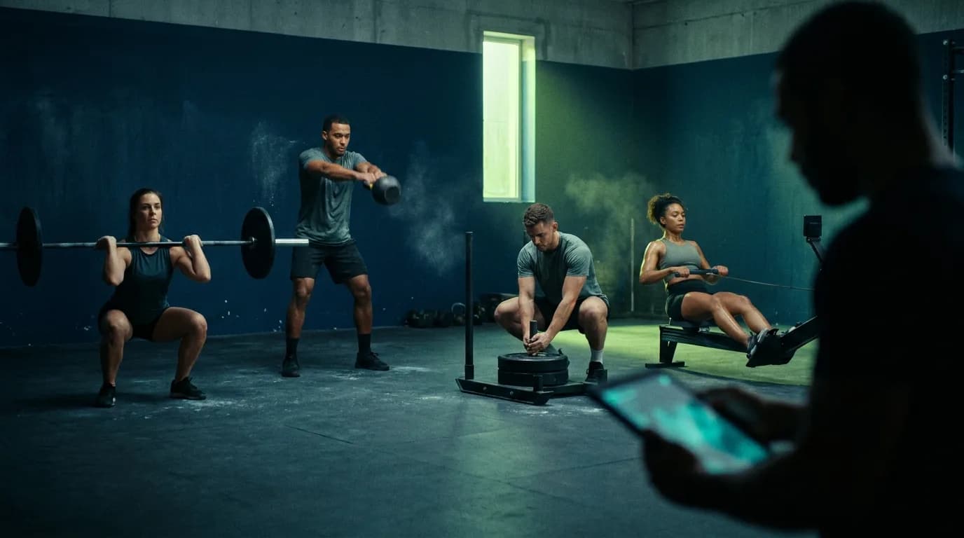 Mixed group of athletes training together while a coach watches via tablet