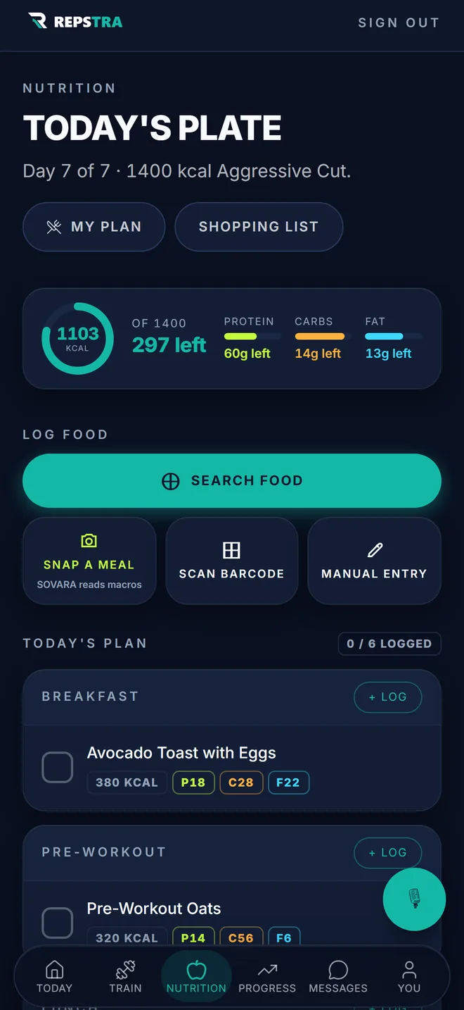 Repstra iOS app — nutrition tab with macro targets, barcode scan, voice logging and AI photo meal scan