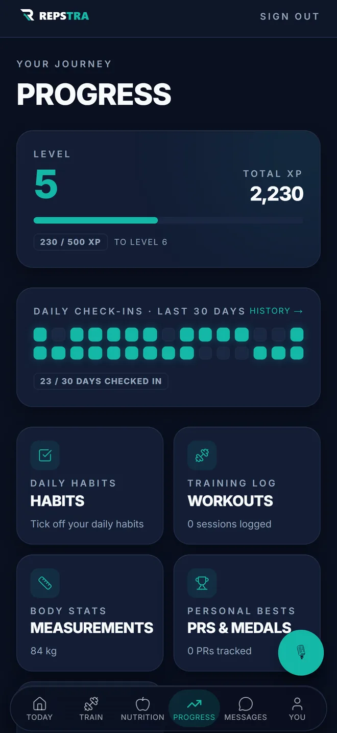 Repstra iOS app — client progress screen with level, XP, PRs and body weight trend