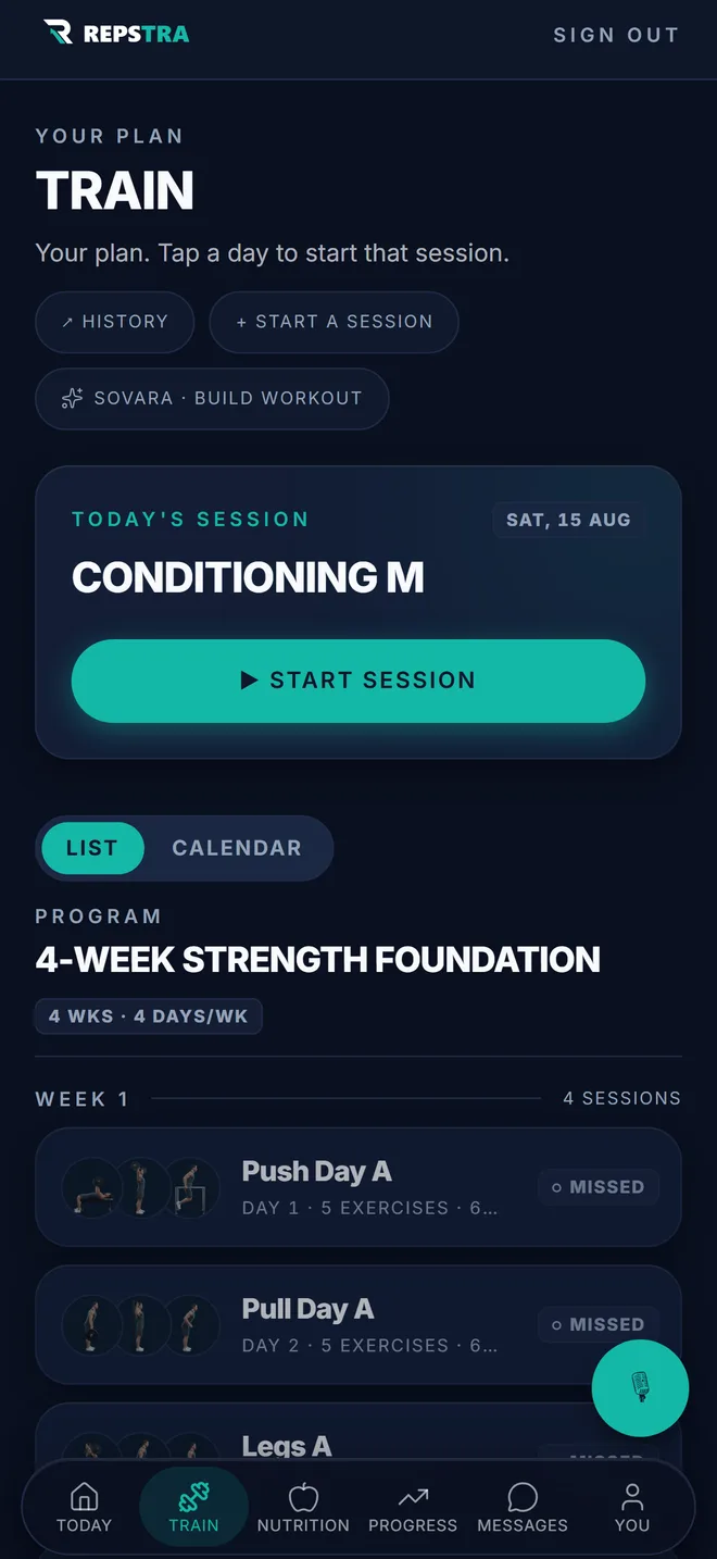 The Repstra Train tab on Android — the week's programmed sessions