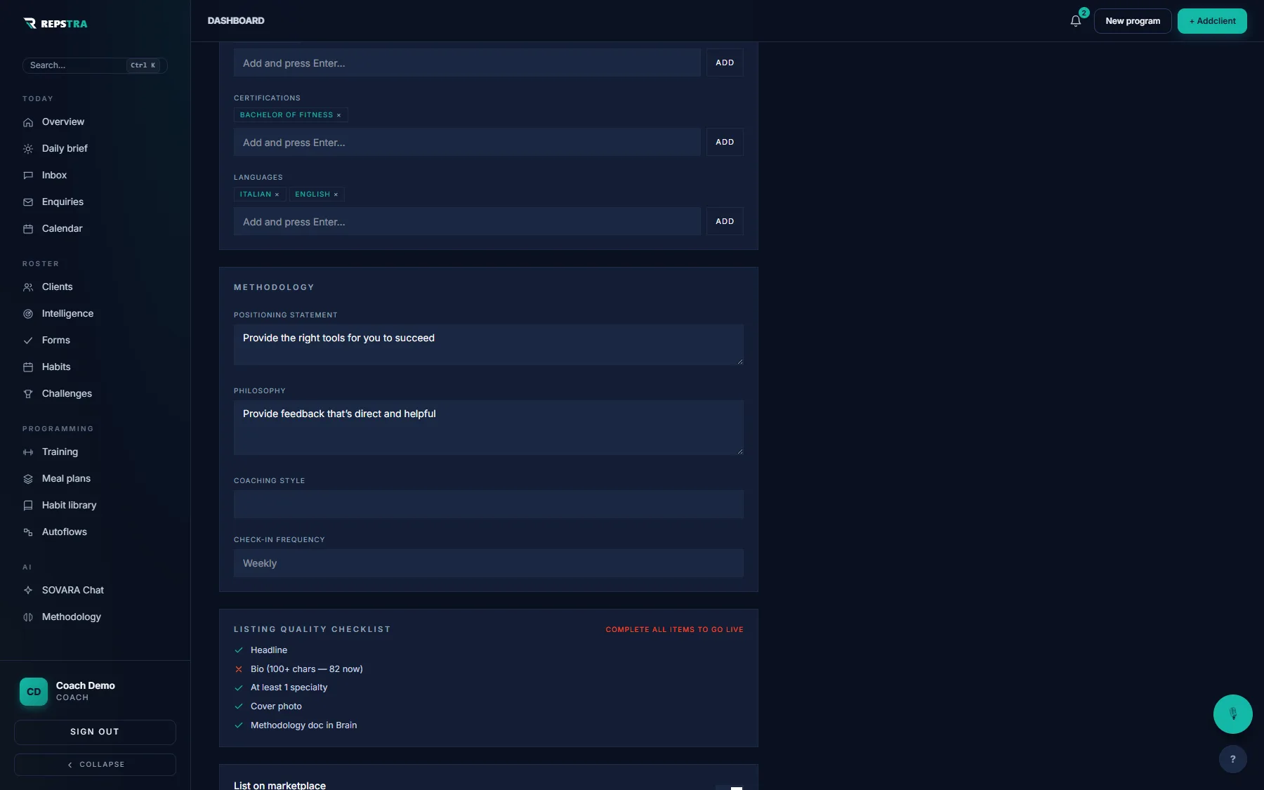 Writing a coach bio in the Repstra marketplace profile editor