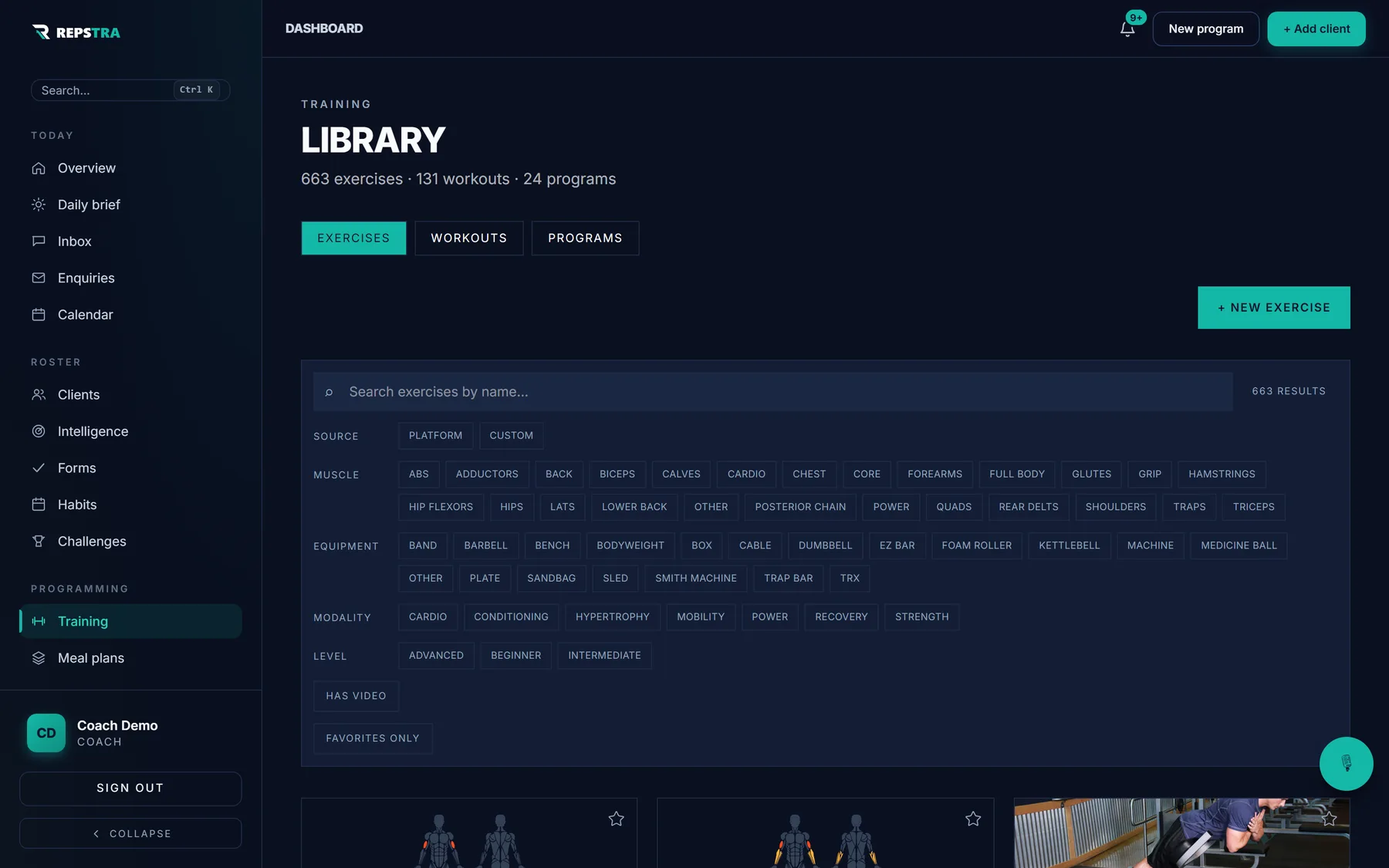 Repstra coach dashboard — training library with 543 exercises, 130 workouts and 24 programs